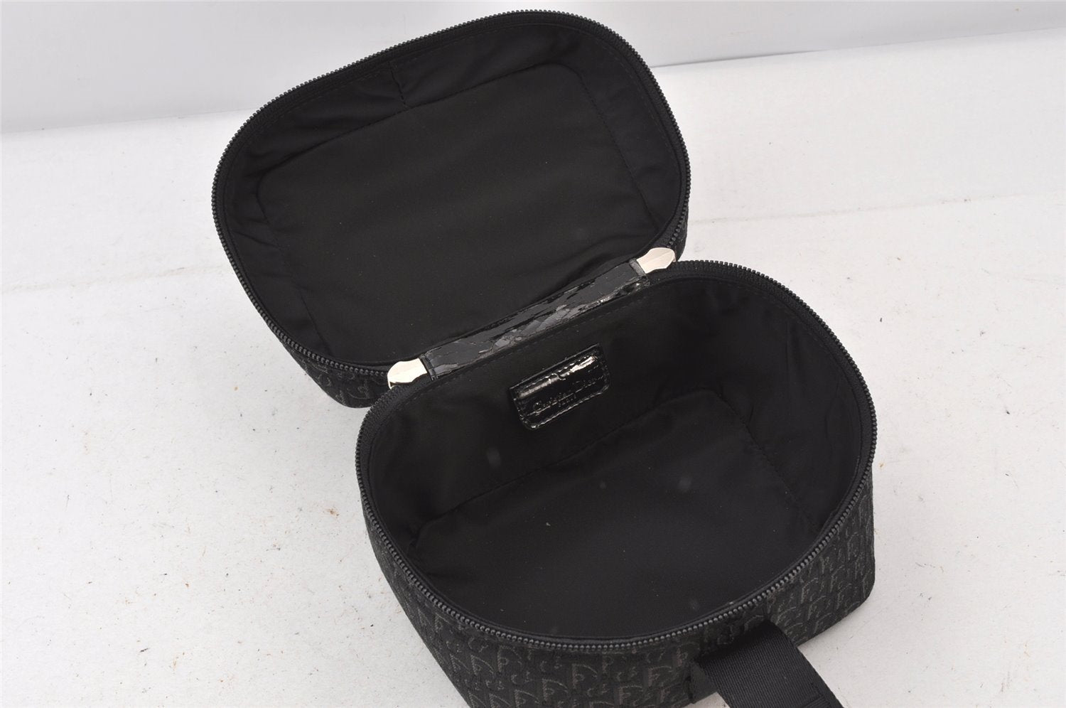 Authentic Christian Dior Trotter Vanity Bag Pouch Canvas Enamel Black CD 5371K