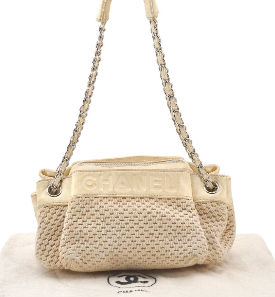 Authentic CHANEL Cotton Leather CC Chain Shoulder Hand Bag White Cream 5372K
