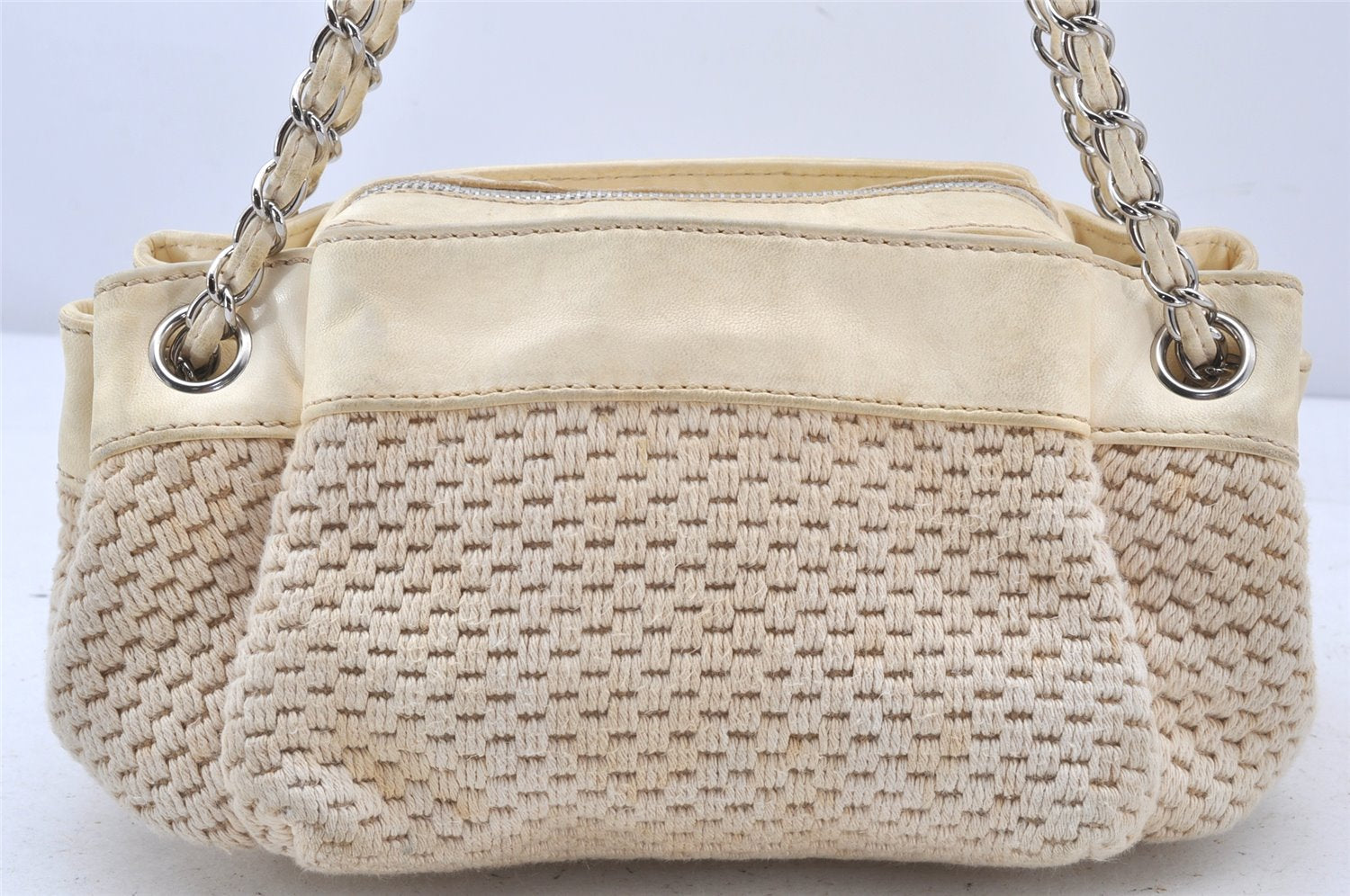 Authentic CHANEL Cotton Leather CC Chain Shoulder Hand Bag White Cream 5372K