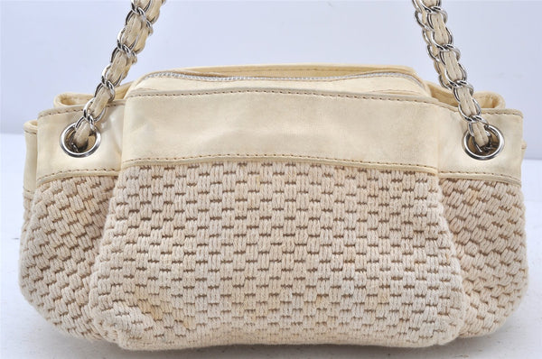 Authentic CHANEL Cotton Leather CC Chain Shoulder Hand Bag White Cream 5372K