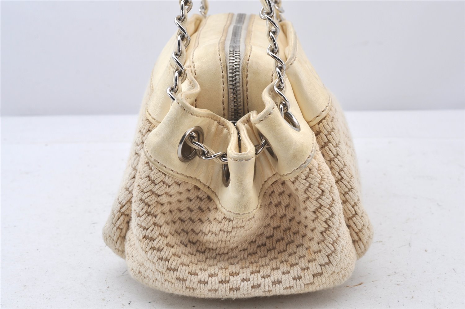 Authentic CHANEL Cotton Leather CC Chain Shoulder Hand Bag White Cream 5372K