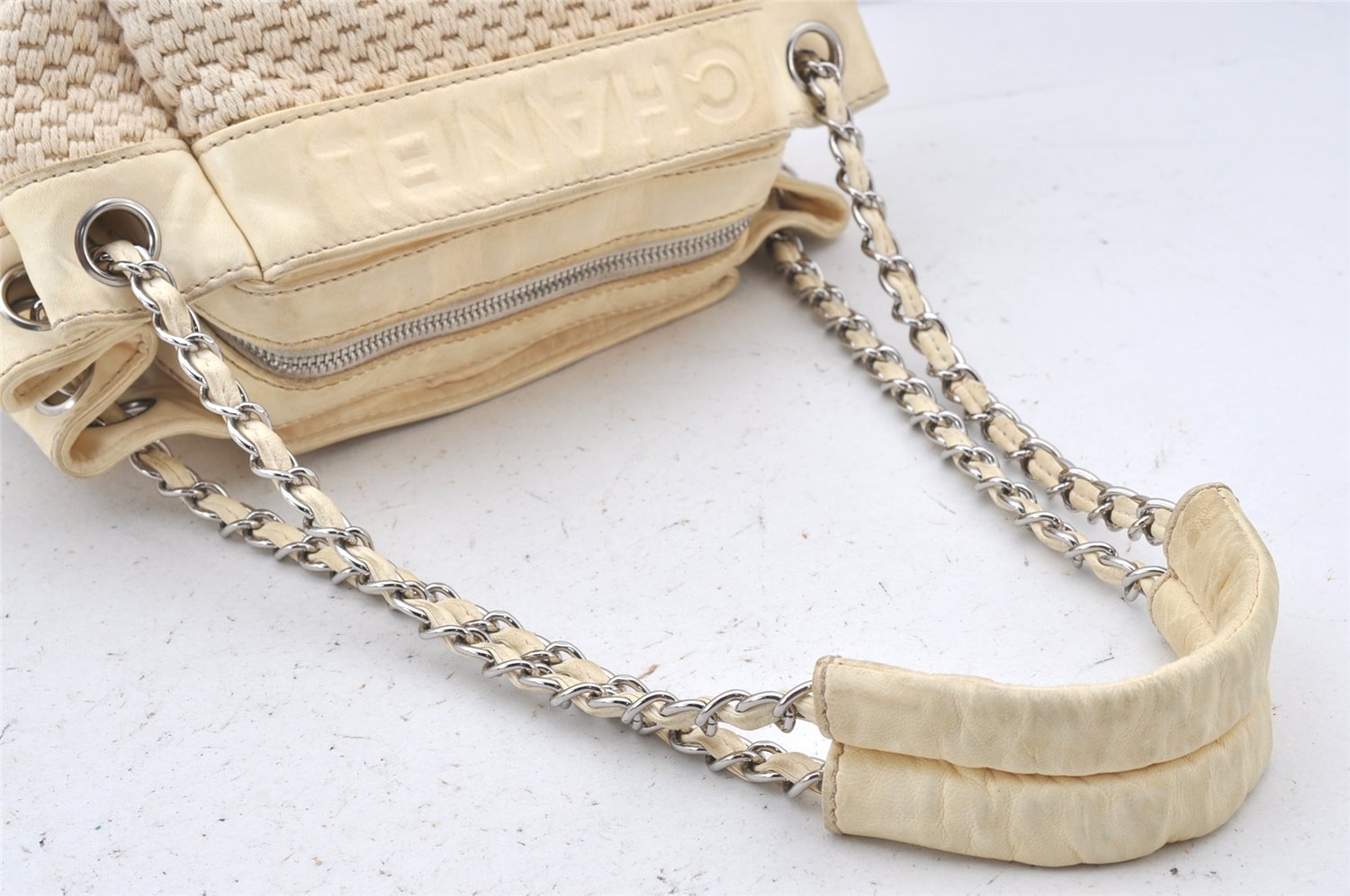Authentic CHANEL Cotton Leather CC Chain Shoulder Hand Bag White Cream 5372K