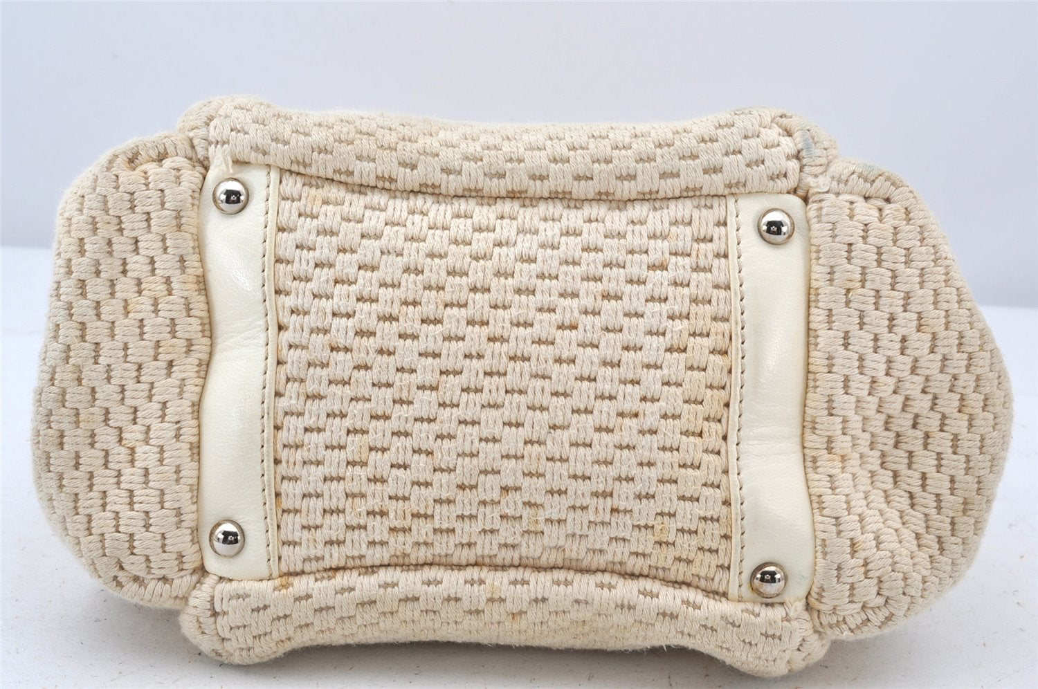Authentic CHANEL Cotton Leather CC Chain Shoulder Hand Bag White Cream 5372K