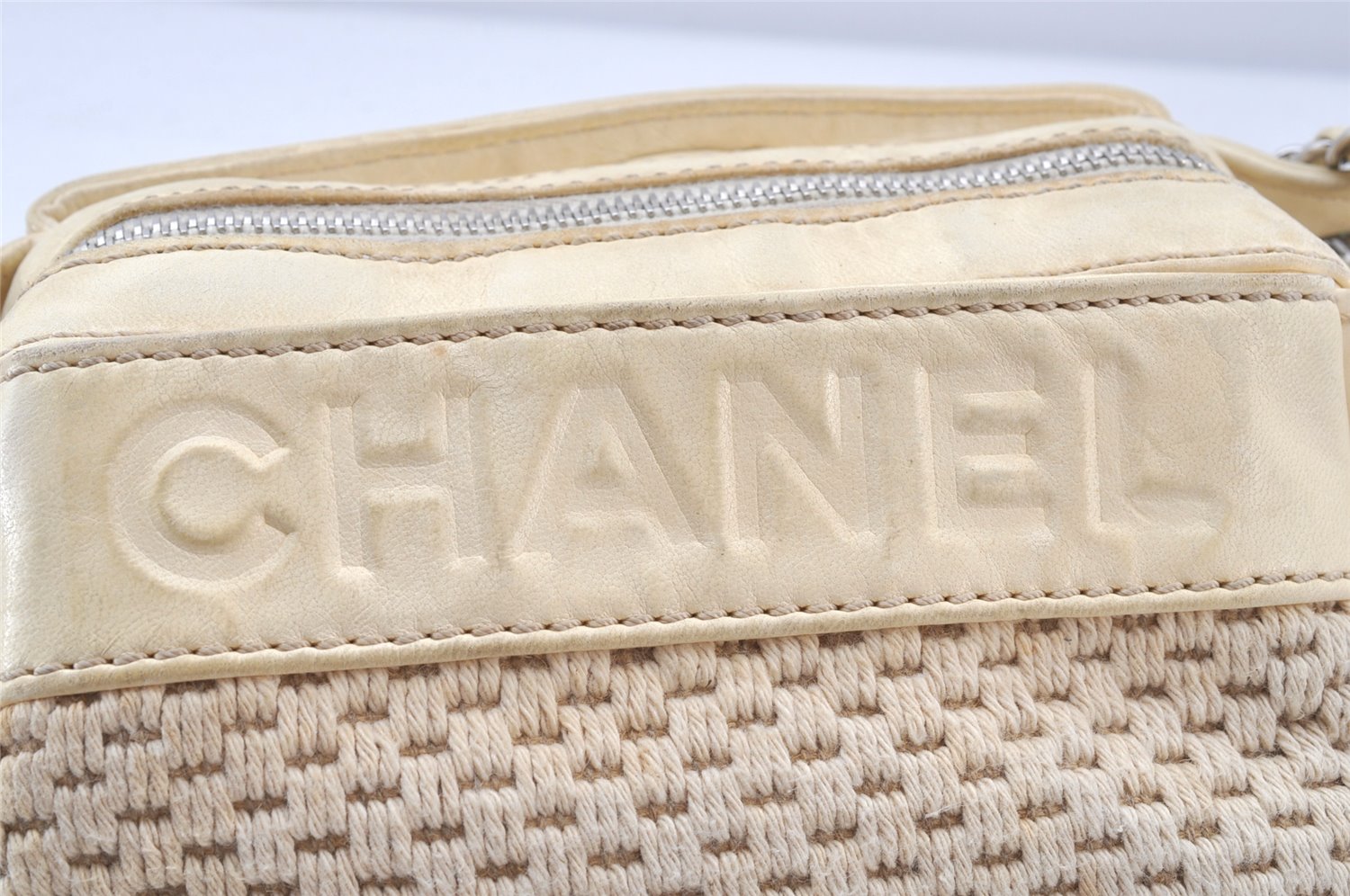 Authentic CHANEL Cotton Leather CC Chain Shoulder Hand Bag White Cream 5372K