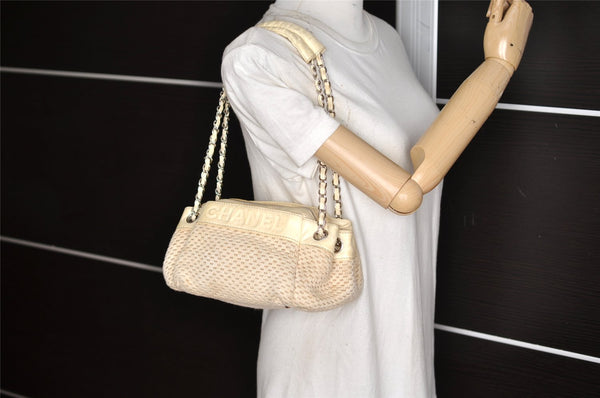 Authentic CHANEL Cotton Leather CC Chain Shoulder Hand Bag White Cream 5372K