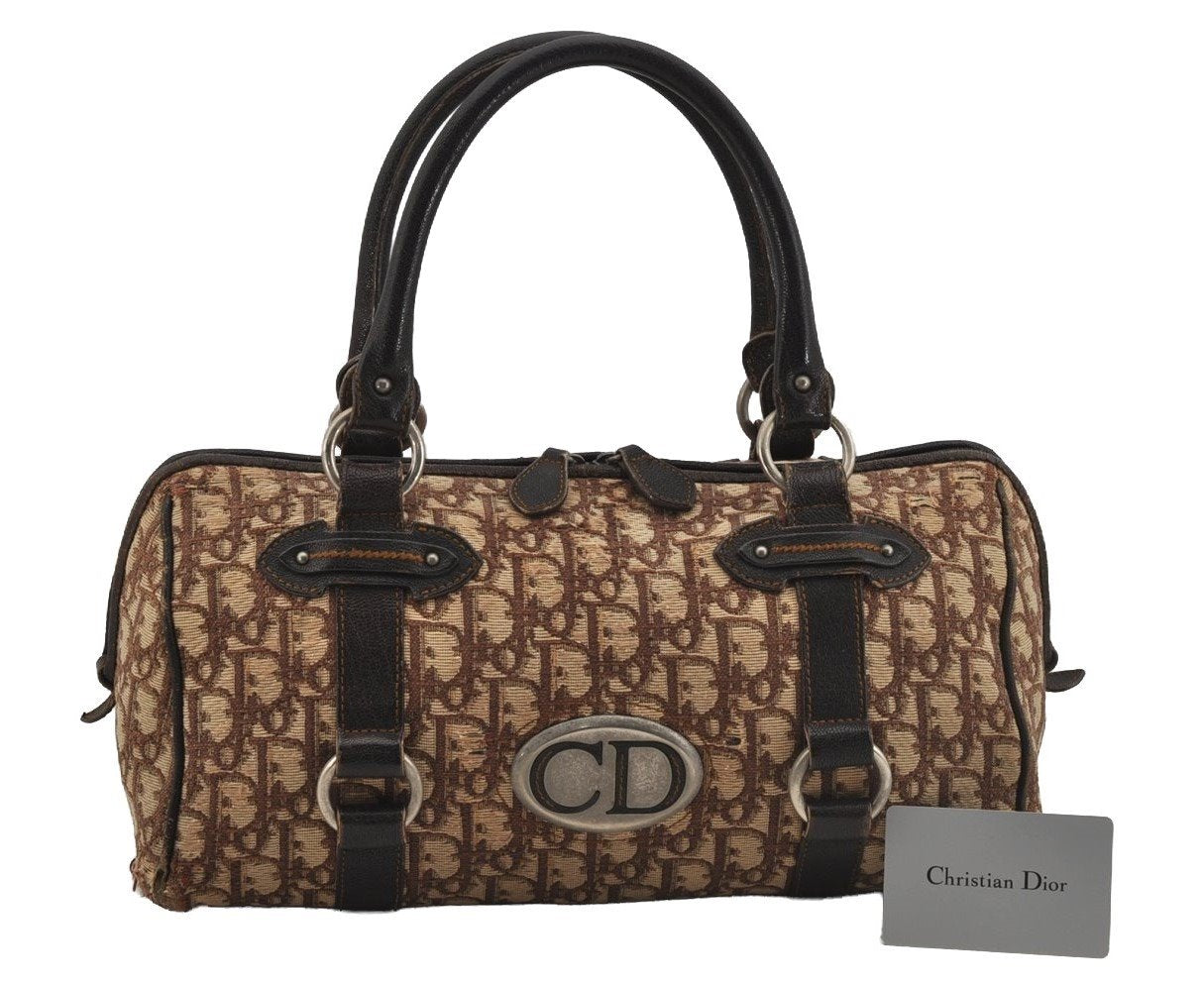 Authentic Christian Dior Trotter Hand Boston Bag Canvas Leather Brown 5373J