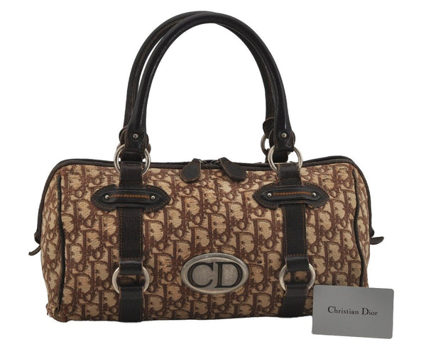 Authentic Christian Dior Trotter Hand Boston Bag Canvas Leather Brown 5373J