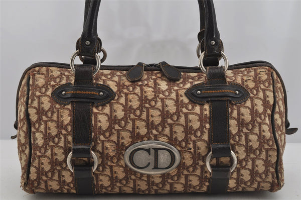 Authentic Christian Dior Trotter Hand Boston Bag Canvas Leather Brown 5373J