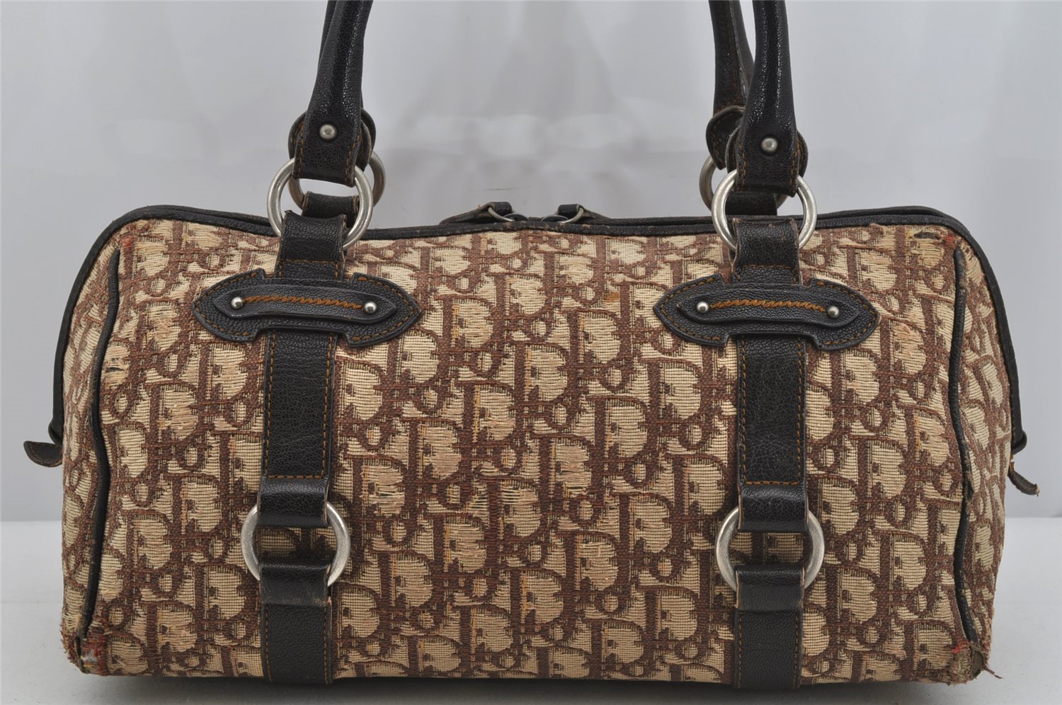 Authentic Christian Dior Trotter Hand Boston Bag Canvas Leather Brown 5373J