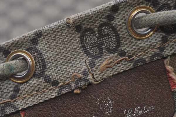 Authentic GUCCI Vintage Drawstring Hand Bag Purse GG PVC Leather Brown 5375I