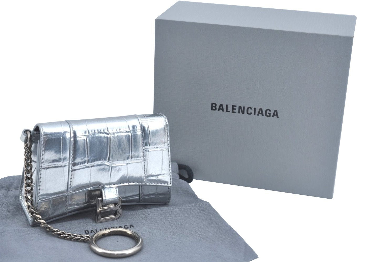 Authentic BALENCIAGA Hourglass Wallet Pouch Leather 656051 Silver Box 5381J