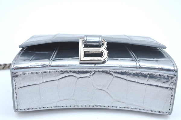 Authentic BALENCIAGA Hourglass Wallet Pouch Leather 656051 Silver Box 5381J