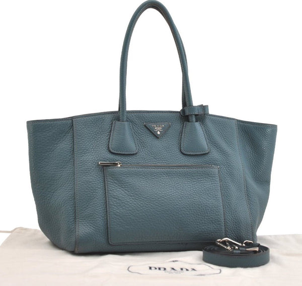 Authentic PRADA Vintage Leather Nappa 2Way Shoulder Hand Tote Bag Blue 5388J