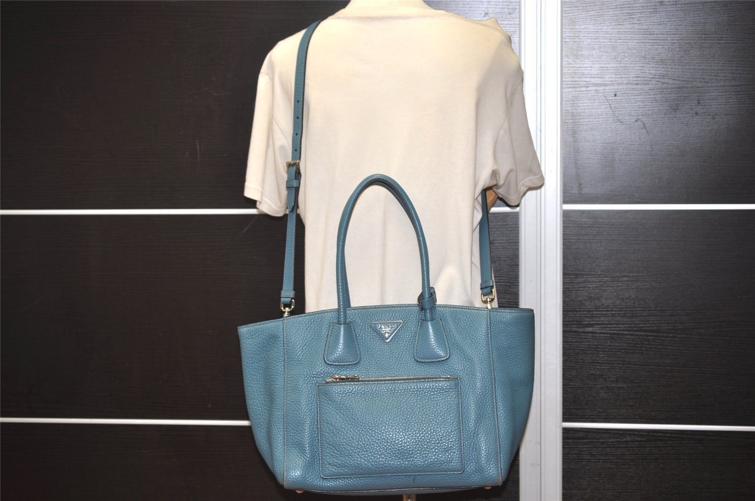 Authentic PRADA Vintage Leather Nappa 2Way Shoulder Hand Tote Bag Blue 5388J