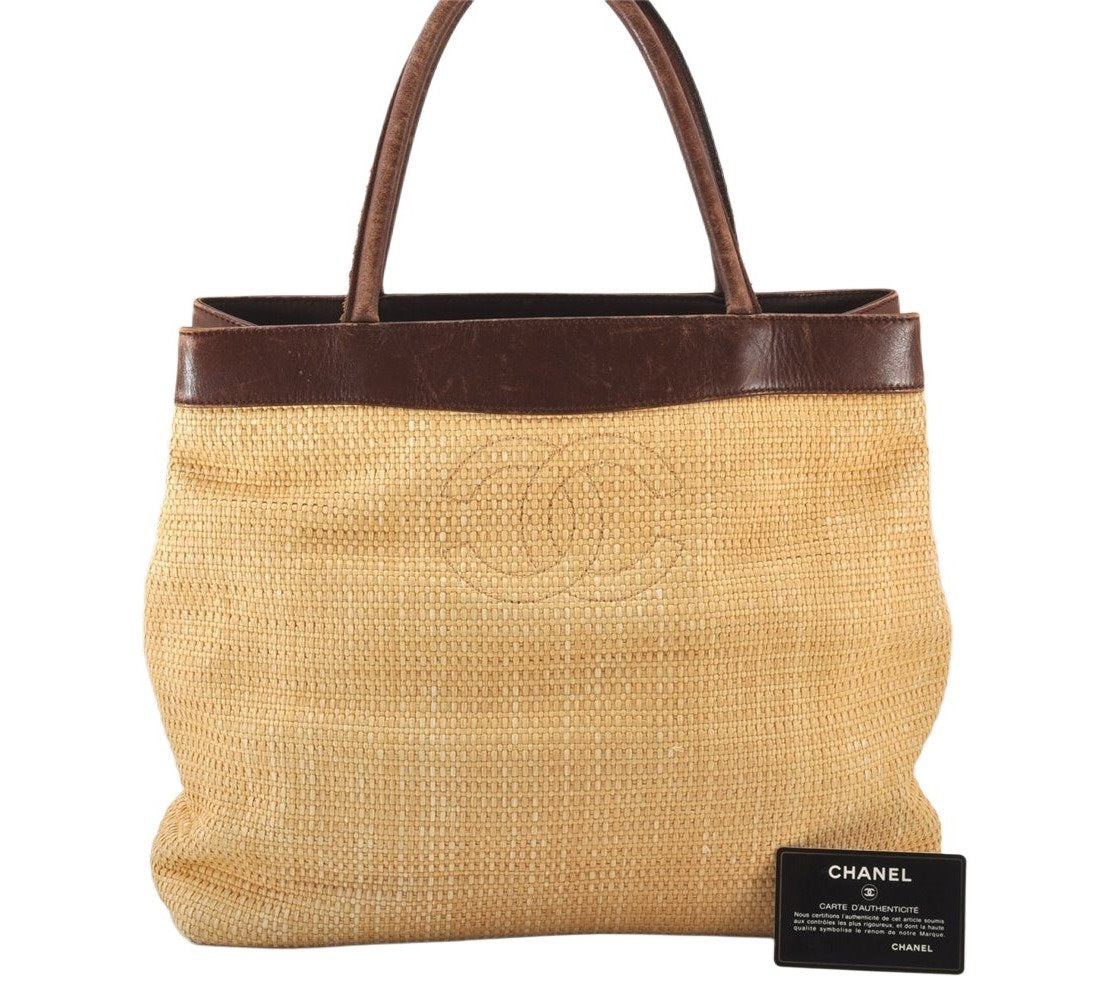 Authentic CHANEL Vintage Tote Bag CoCo Mark Raffia Leather Beige 5389K