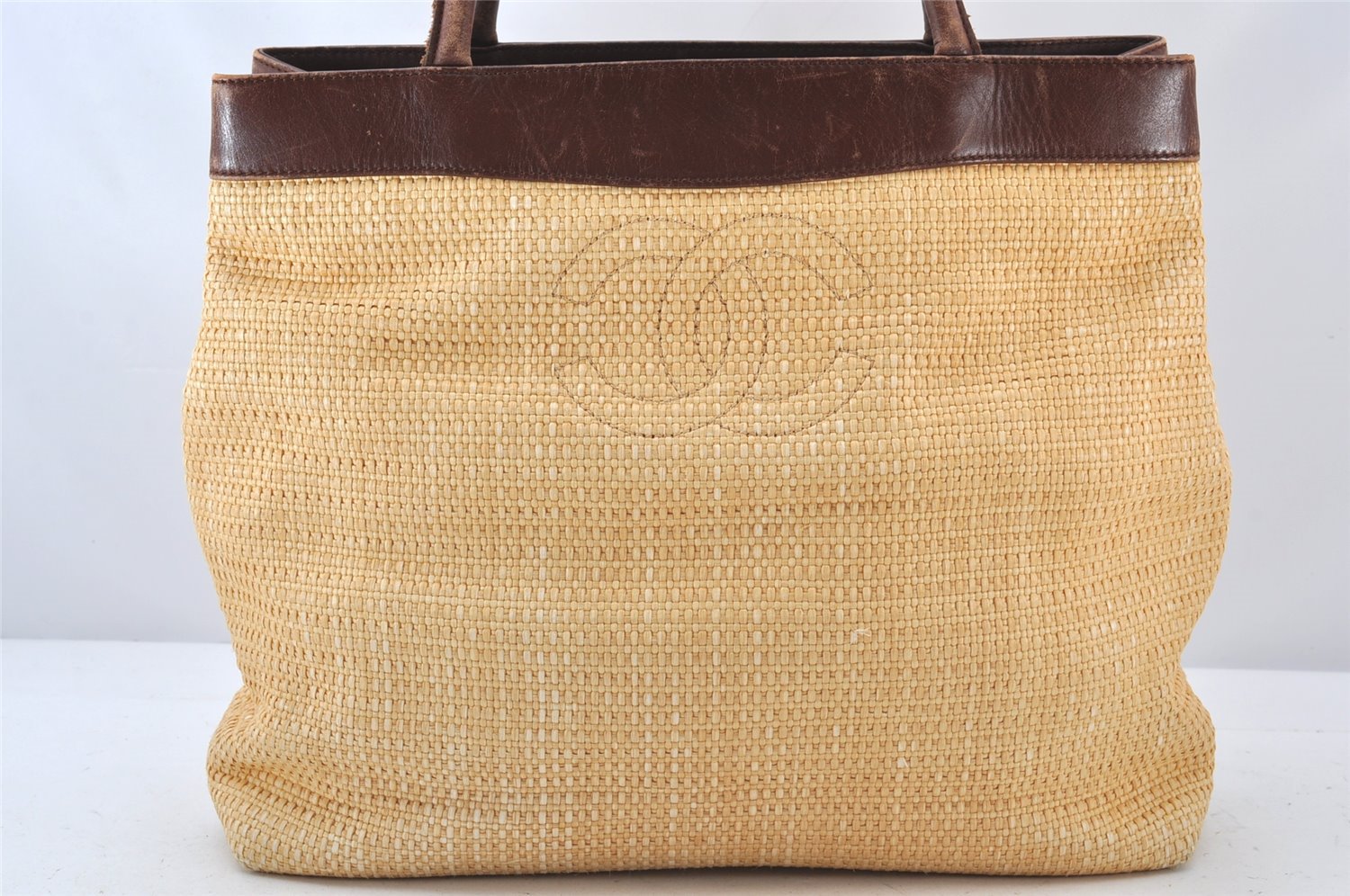Authentic CHANEL Vintage Tote Bag CoCo Mark Raffia Leather Beige 5389K