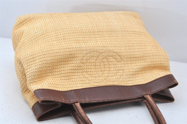 Authentic CHANEL Vintage Tote Bag CoCo Mark Raffia Leather Beige 5389K