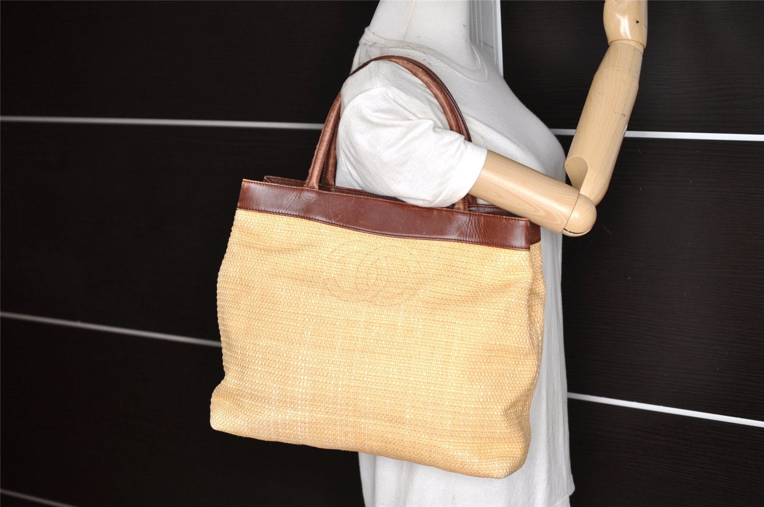 Authentic CHANEL Vintage Tote Bag CoCo Mark Raffia Leather Beige 5389K