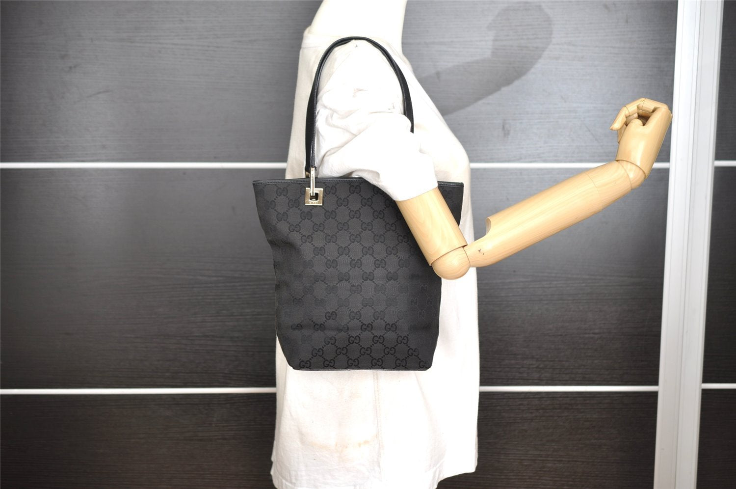 Authentic GUCCI Shoulder Hand Tote Bag GG Canvas Leather 0021099 Black 5391I