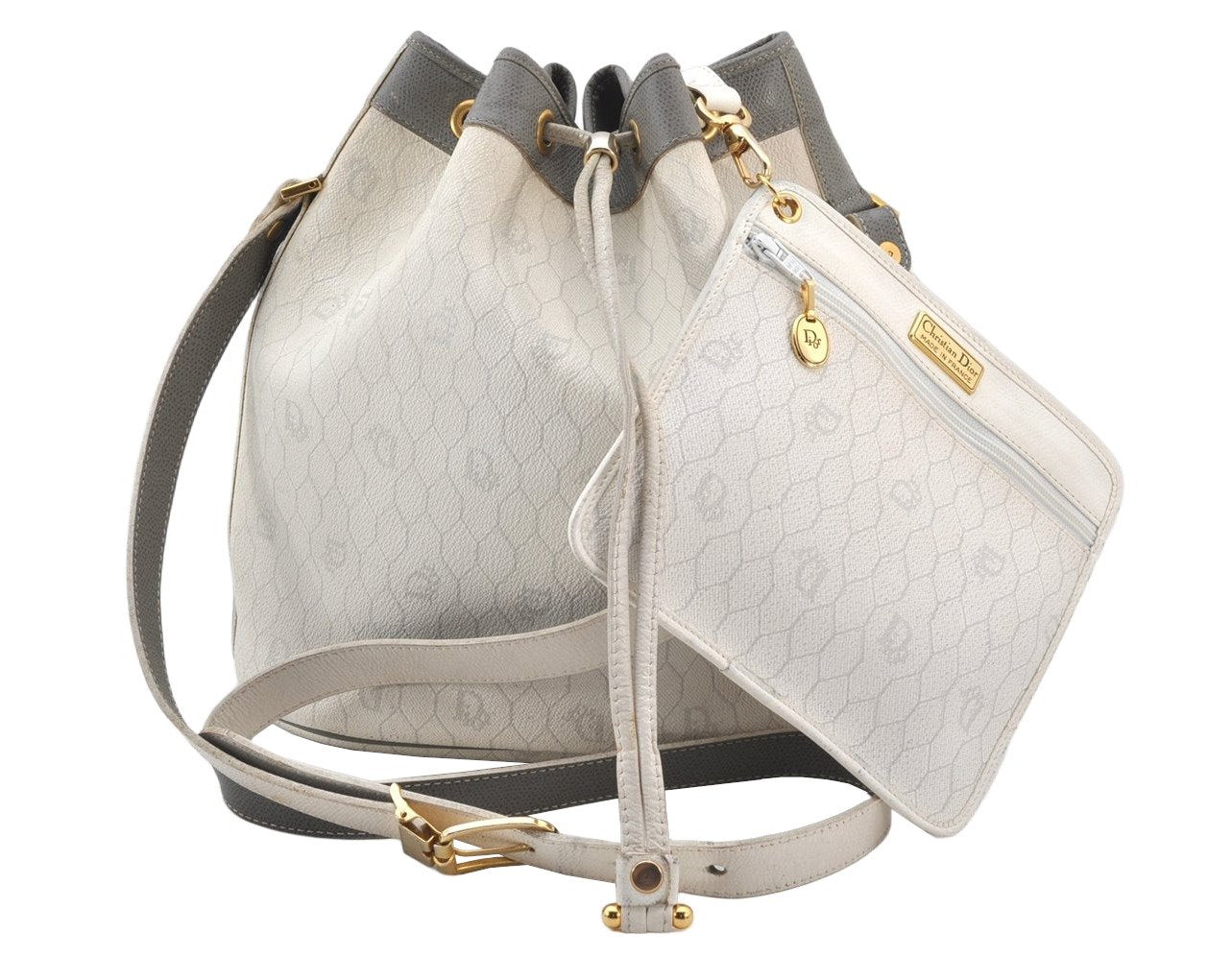 Auth Christian Dior Honeycomb Shoulder Drawstring Bag PVC Leather White 5393K