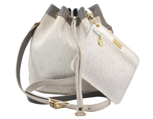 Auth Christian Dior Honeycomb Shoulder Drawstring Bag PVC Leather White 5393K