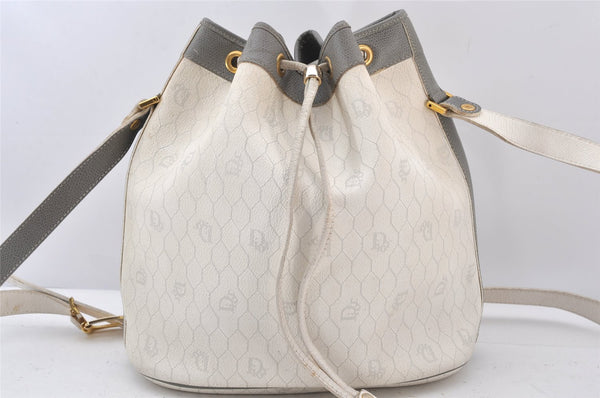 Auth Christian Dior Honeycomb Shoulder Drawstring Bag PVC Leather White 5393K