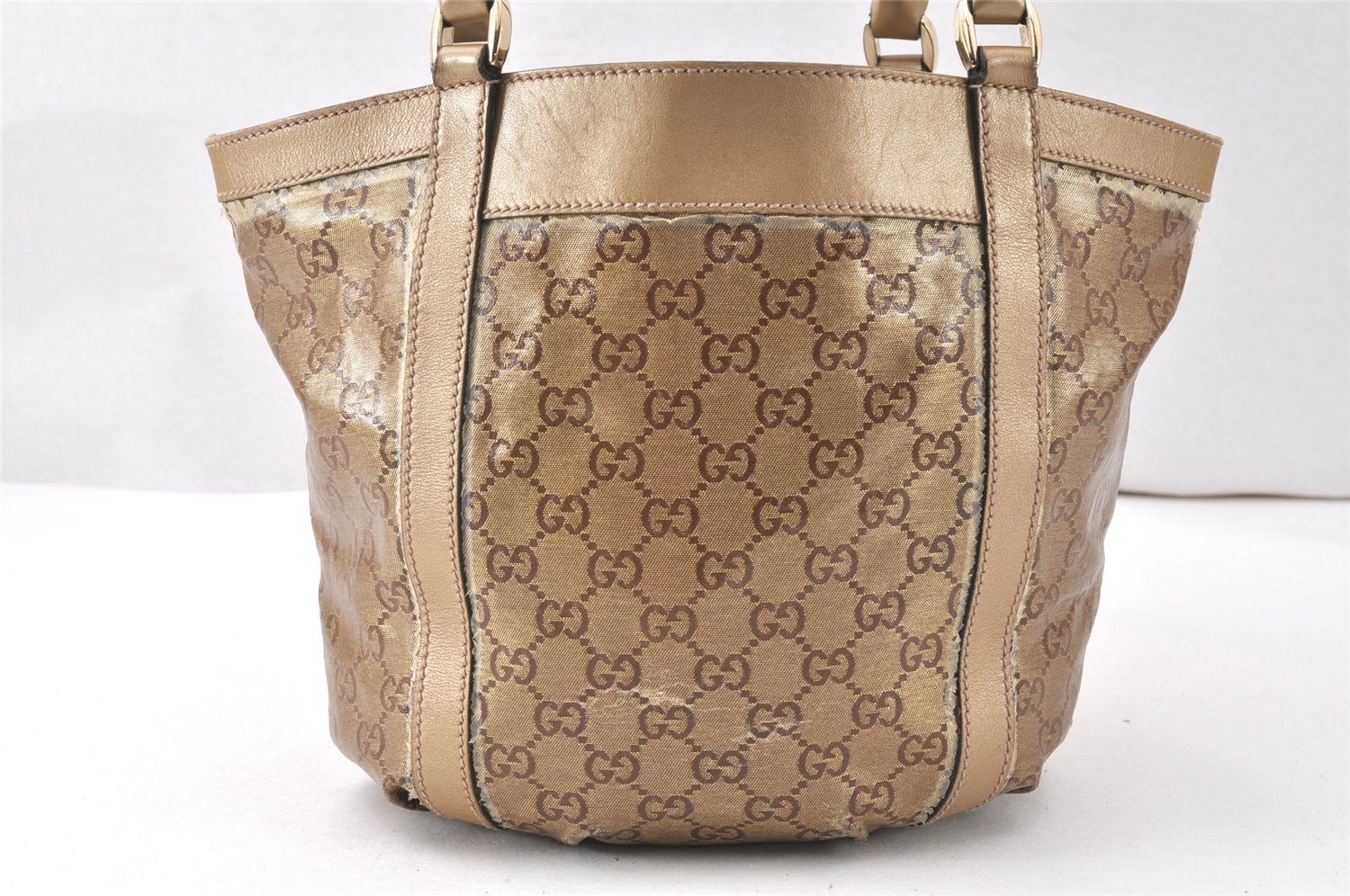 Authentic GUCCI GG Crystal Abbey Shoulder Tote Bag PVC Leather 211983 Gold 5396K