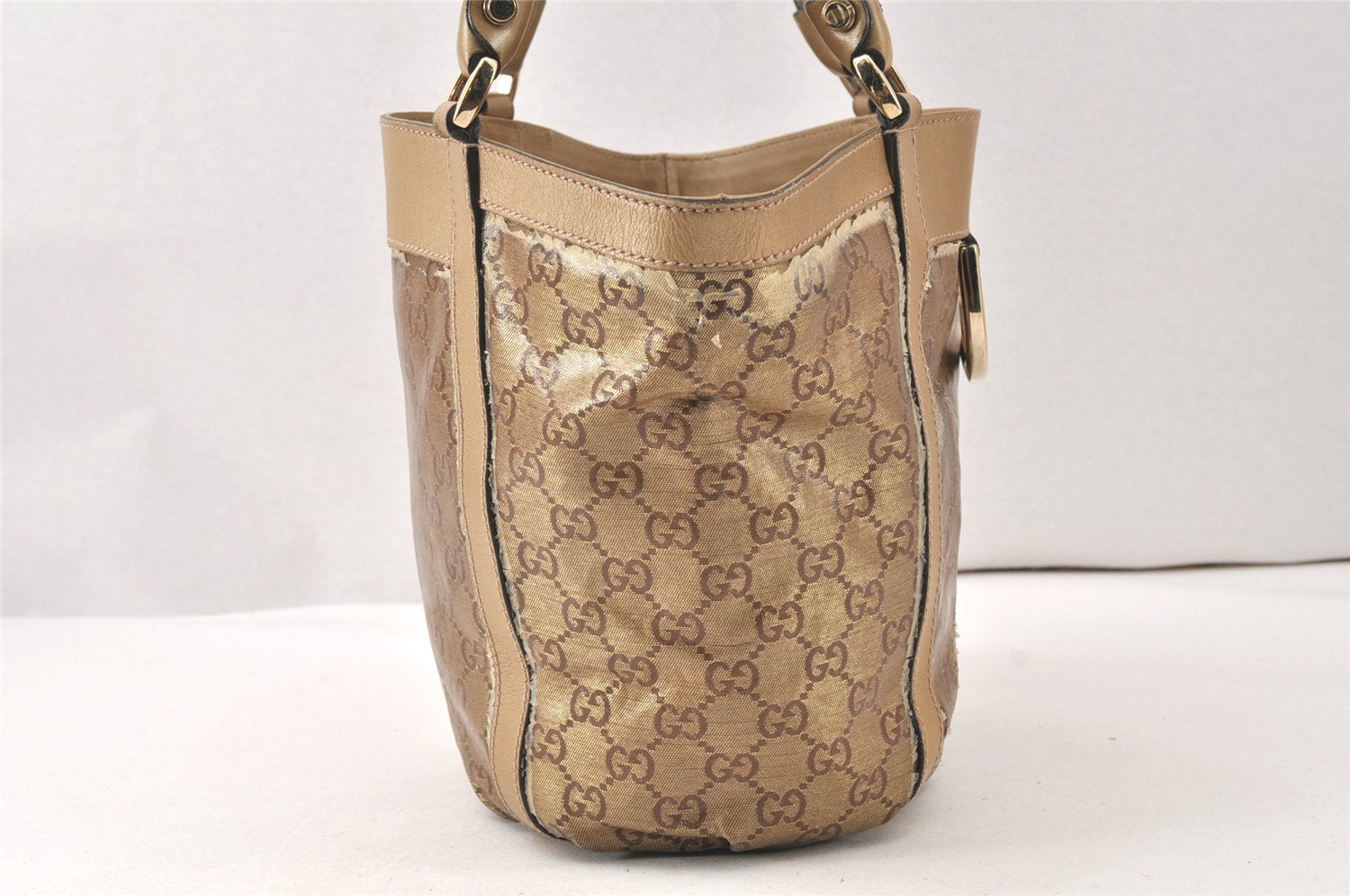 Authentic GUCCI GG Crystal Abbey Shoulder Tote Bag PVC Leather 211983 Gold 5396K