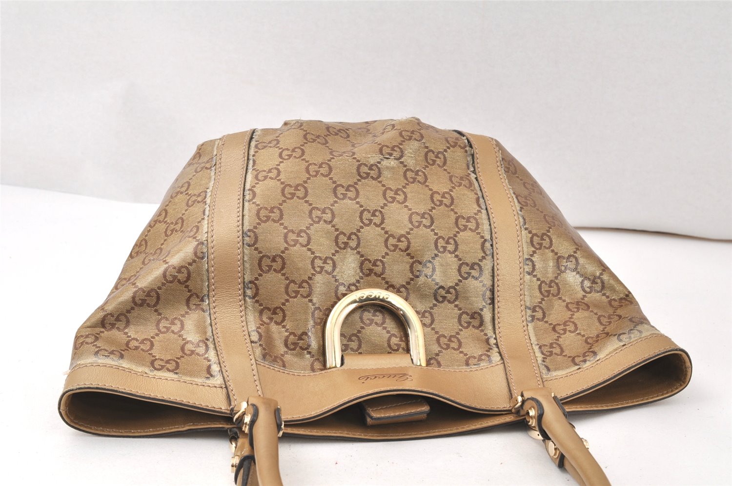 Authentic GUCCI GG Crystal Abbey Shoulder Tote Bag PVC Leather 211983 Gold 5396K