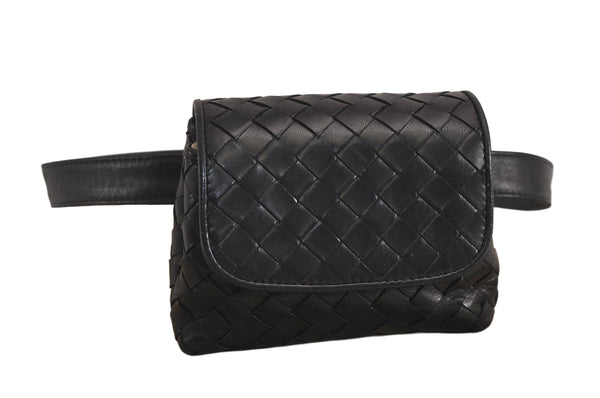 Authentic BOTTEGA VENETA Intrecciato Leather Waist Body Bag Pouch Black 5399M