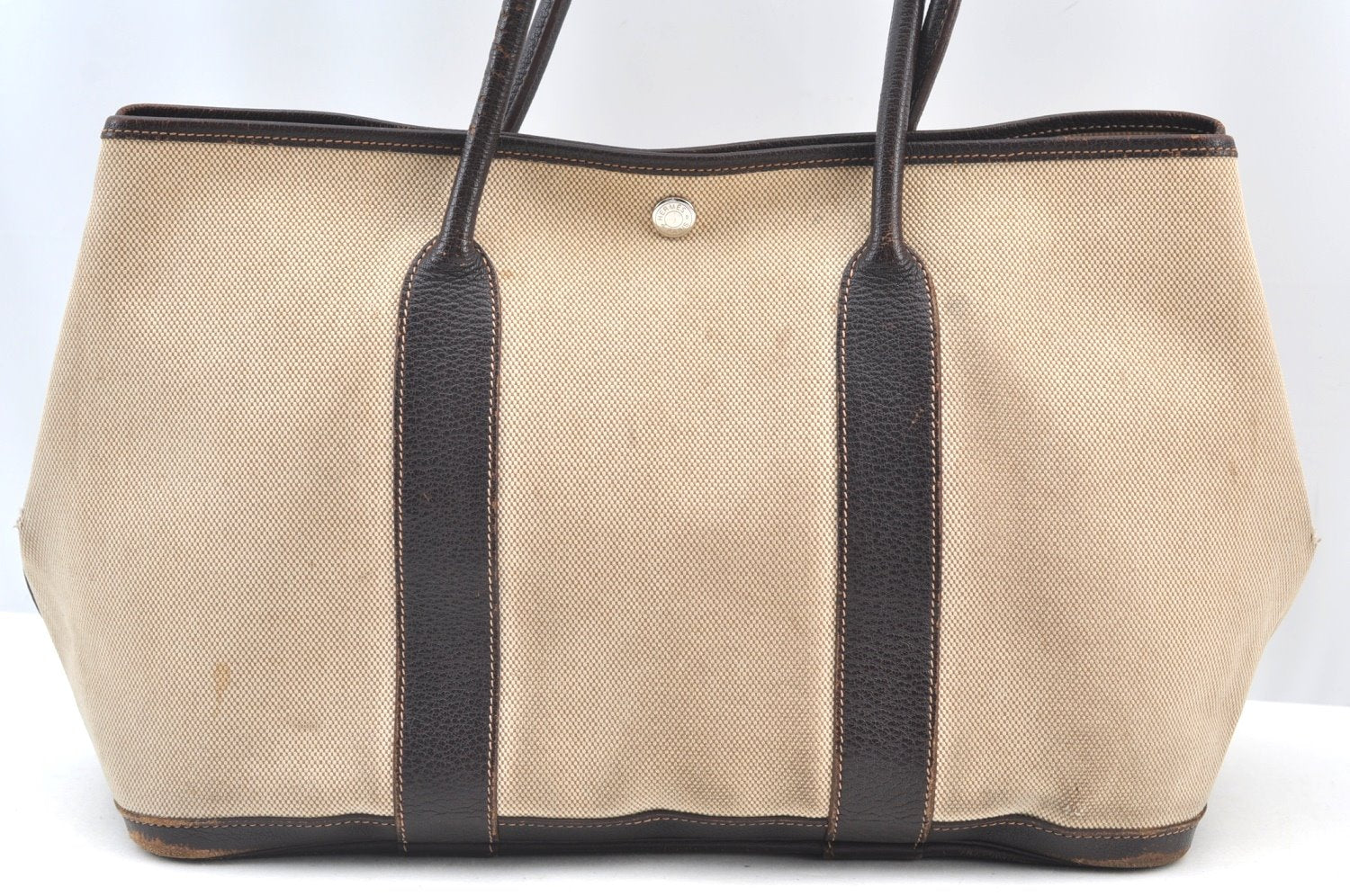 Authentic HERMES Garden Party PM Tote Hand Bag Canvas Leather Beige 5401H