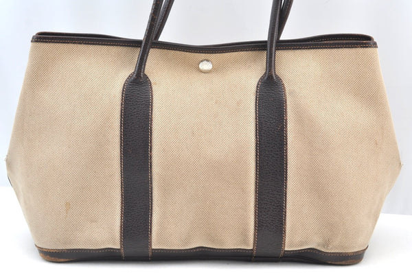 Authentic HERMES Garden Party PM Tote Hand Bag Canvas Leather Beige 5401H