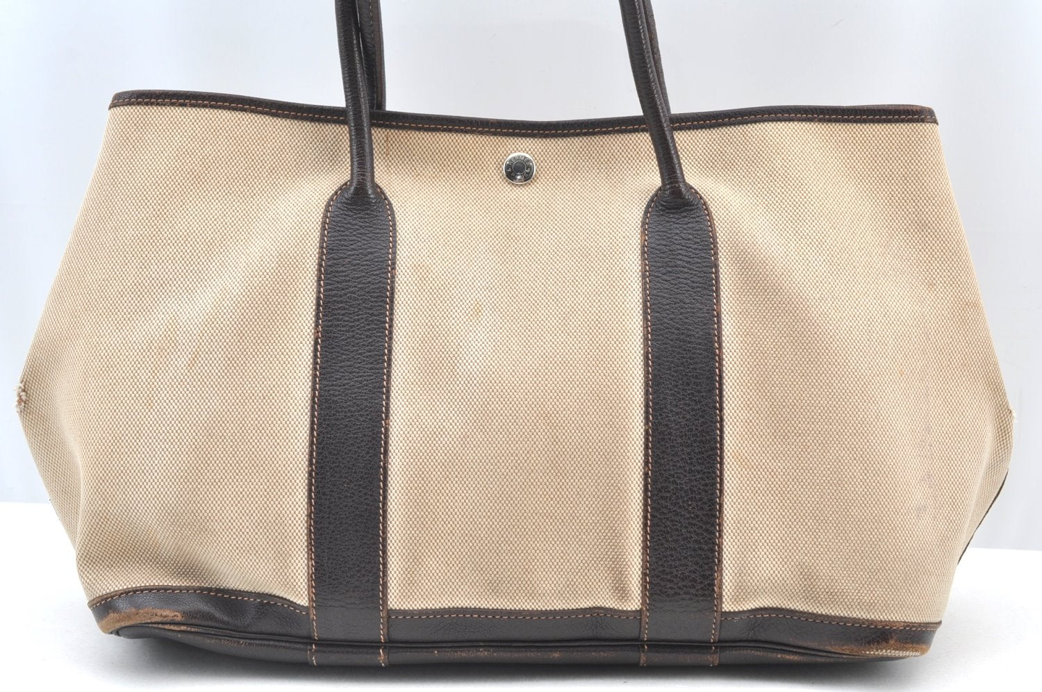 Authentic HERMES Garden Party PM Tote Hand Bag Canvas Leather Beige 5401H