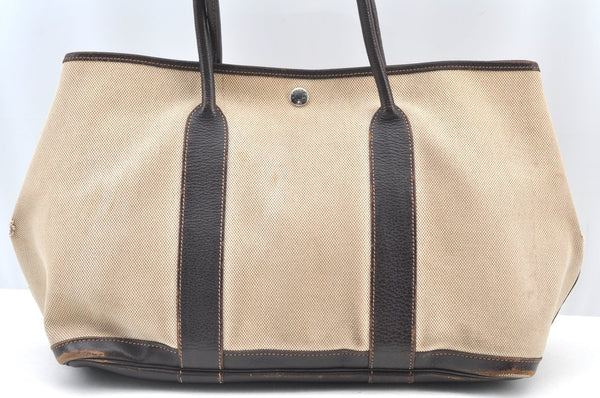 Authentic HERMES Garden Party PM Tote Hand Bag Canvas Leather Beige 5401H
