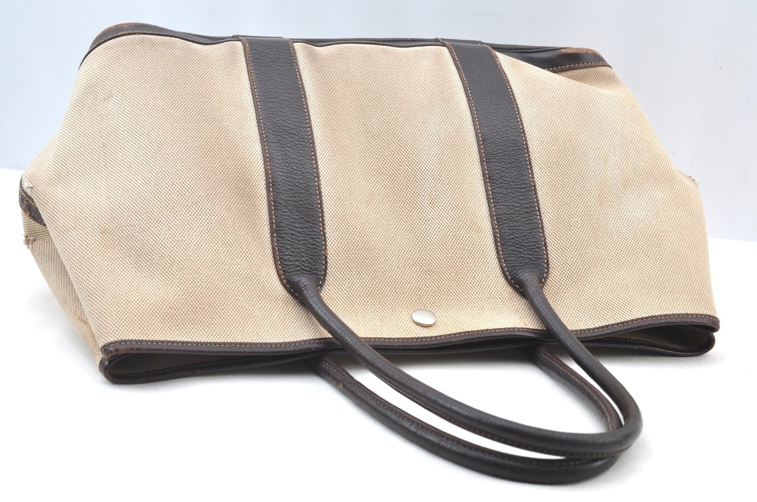 Authentic HERMES Garden Party PM Tote Hand Bag Canvas Leather Beige 5401H