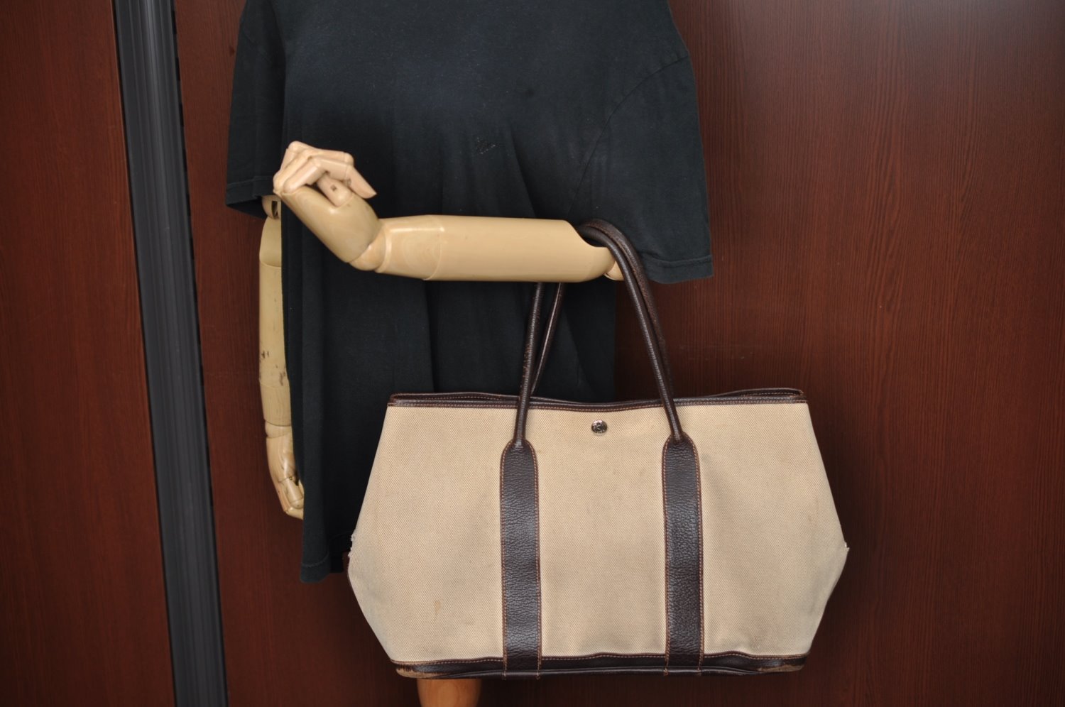 Authentic HERMES Garden Party PM Tote Hand Bag Canvas Leather Beige 5401H