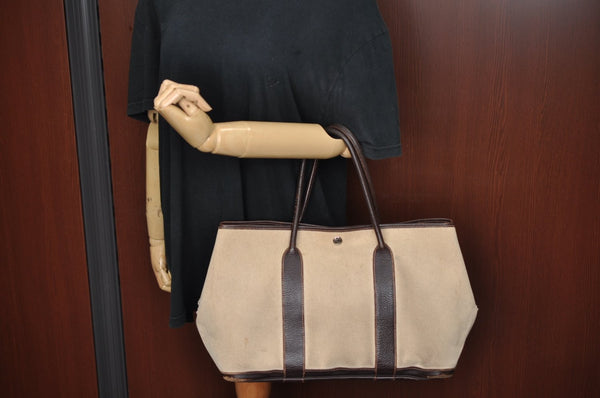 Authentic HERMES Garden Party PM Tote Hand Bag Canvas Leather Beige 5401H
