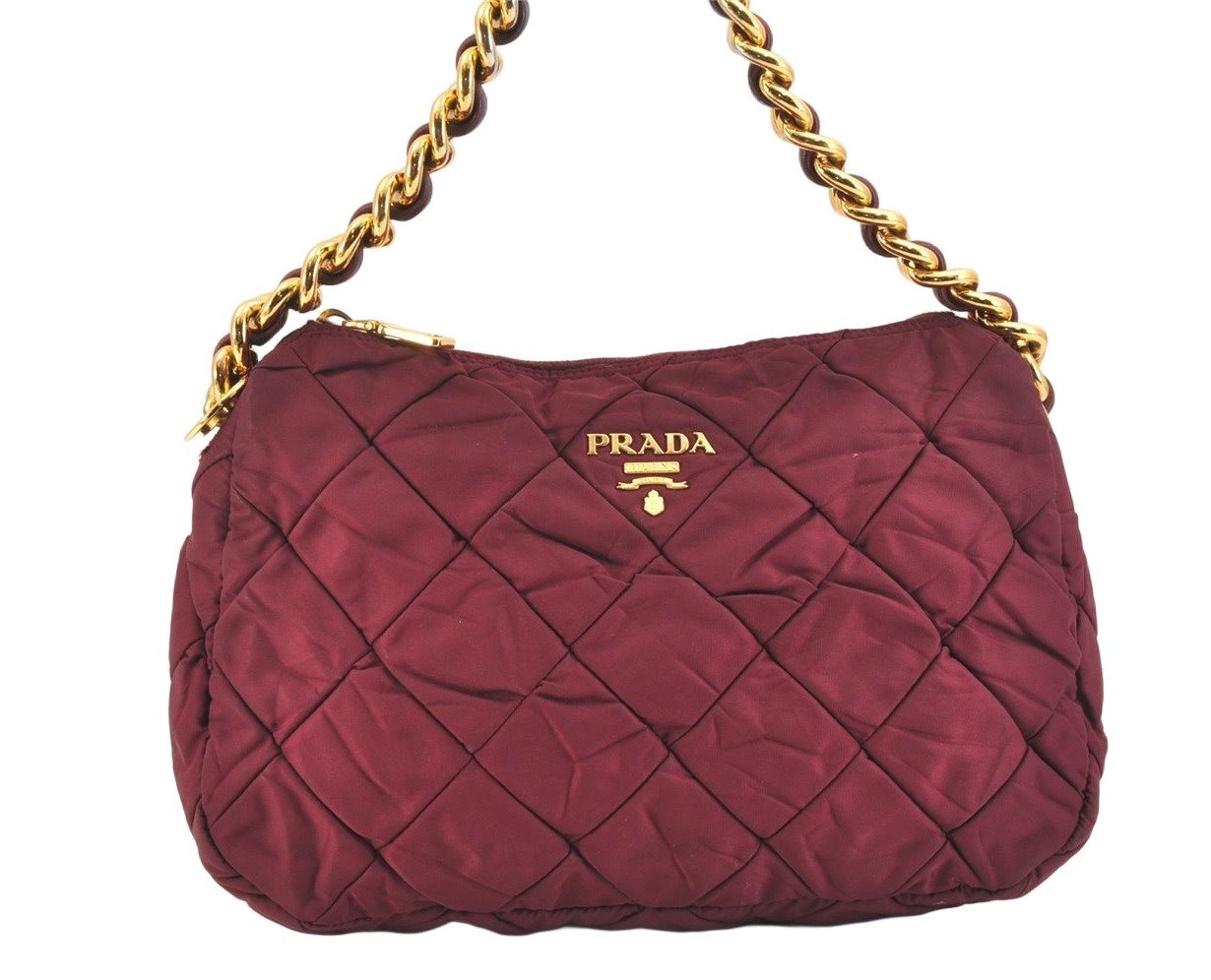 Auth PRADA Nylon Tessuto Leather Chain Shoulder Hand Bag Purse Bordeaux 5402K