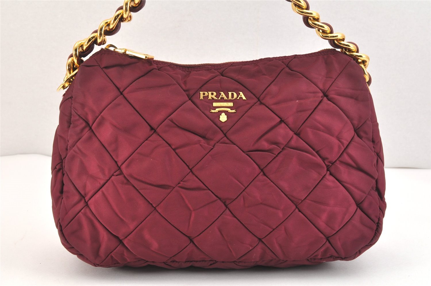 Auth PRADA Nylon Tessuto Leather Chain Shoulder Hand Bag Purse Bordeaux 5402K