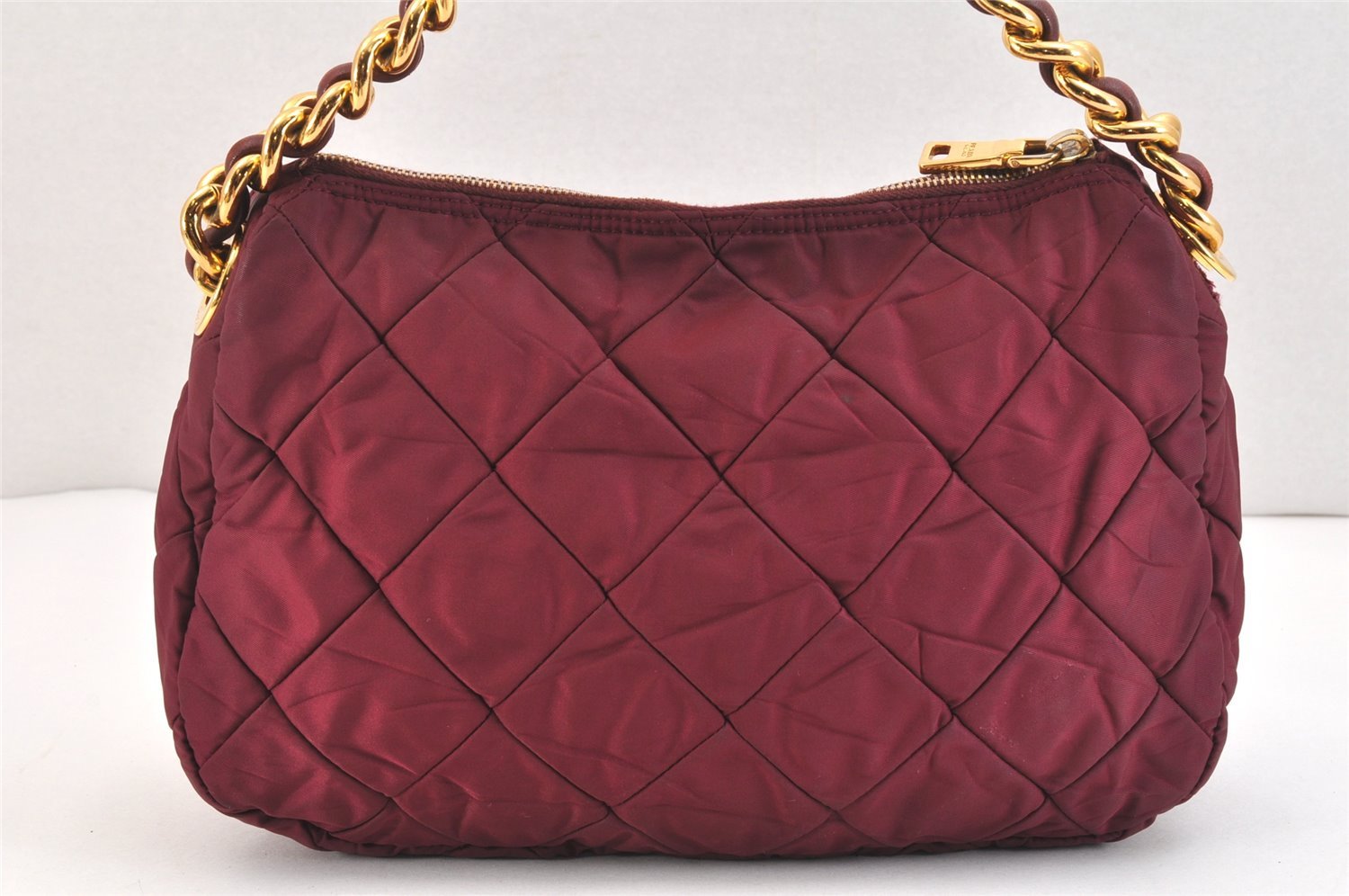 Auth PRADA Nylon Tessuto Leather Chain Shoulder Hand Bag Purse Bordeaux 5402K