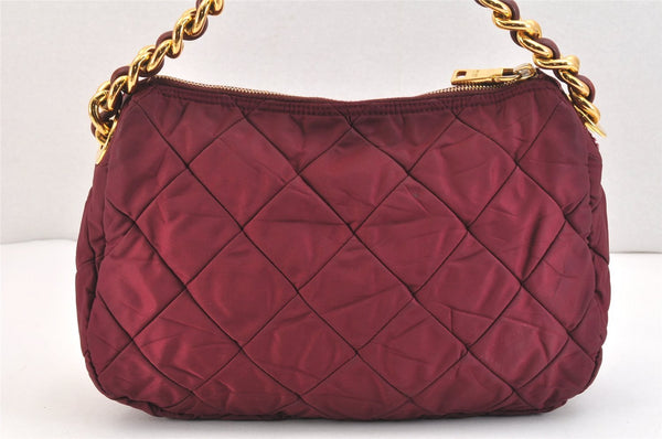 Auth PRADA Nylon Tessuto Leather Chain Shoulder Hand Bag Purse Bordeaux 5402K