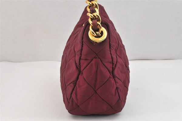 Auth PRADA Nylon Tessuto Leather Chain Shoulder Hand Bag Purse Bordeaux 5402K