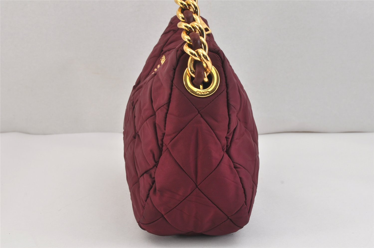 Auth PRADA Nylon Tessuto Leather Chain Shoulder Hand Bag Purse Bordeaux 5402K