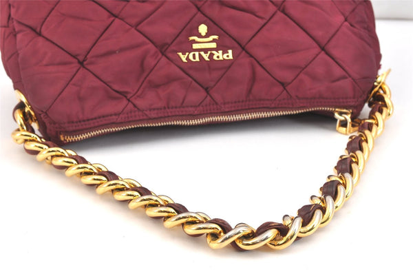 Auth PRADA Nylon Tessuto Leather Chain Shoulder Hand Bag Purse Bordeaux 5402K