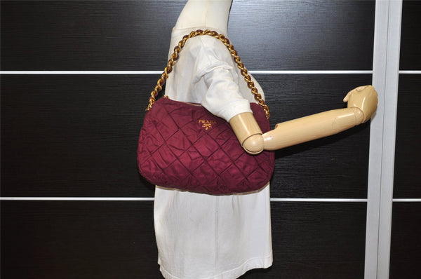 Auth PRADA Nylon Tessuto Leather Chain Shoulder Hand Bag Purse Bordeaux 5402K