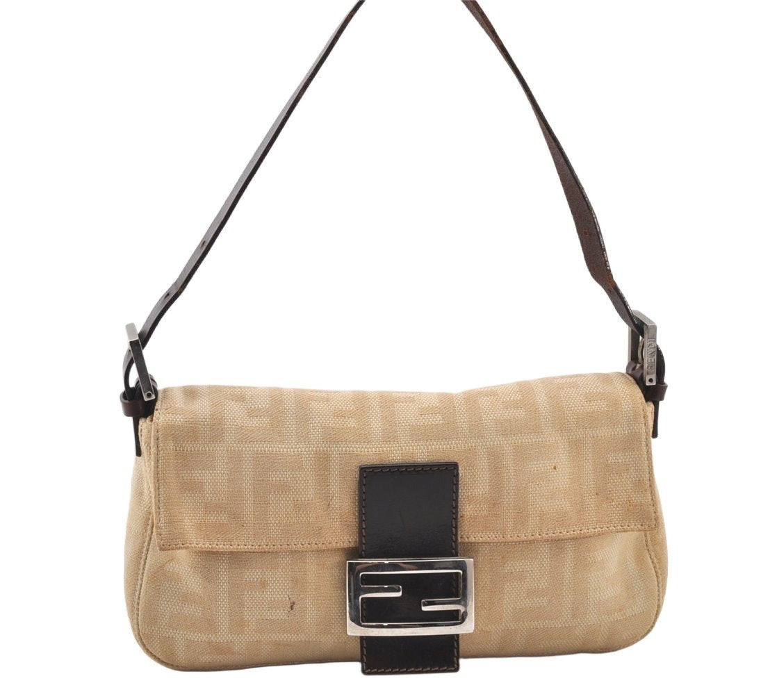 Authentic FENDI Zucca Mamma Baguette Shoulder Bag Canvas Leather Beige 5405K