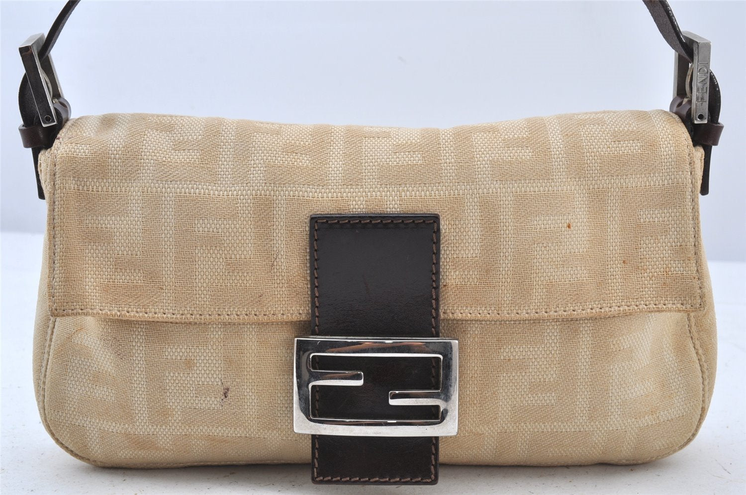 Authentic FENDI Zucca Mamma Baguette Shoulder Bag Canvas Leather Beige 5405K