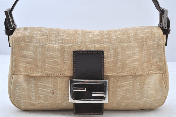 Authentic FENDI Zucca Mamma Baguette Shoulder Bag Canvas Leather Beige 5405K