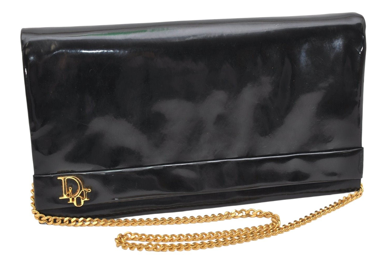 Authentic Christian Dior Vintage Chain Shoulder Bag Purse Enamel Black CD 5408K