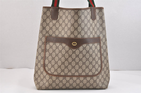 Authentic GUCCI Web Sherry Line Shoulder Tote Bag GG PVC Leather Brown 5414K